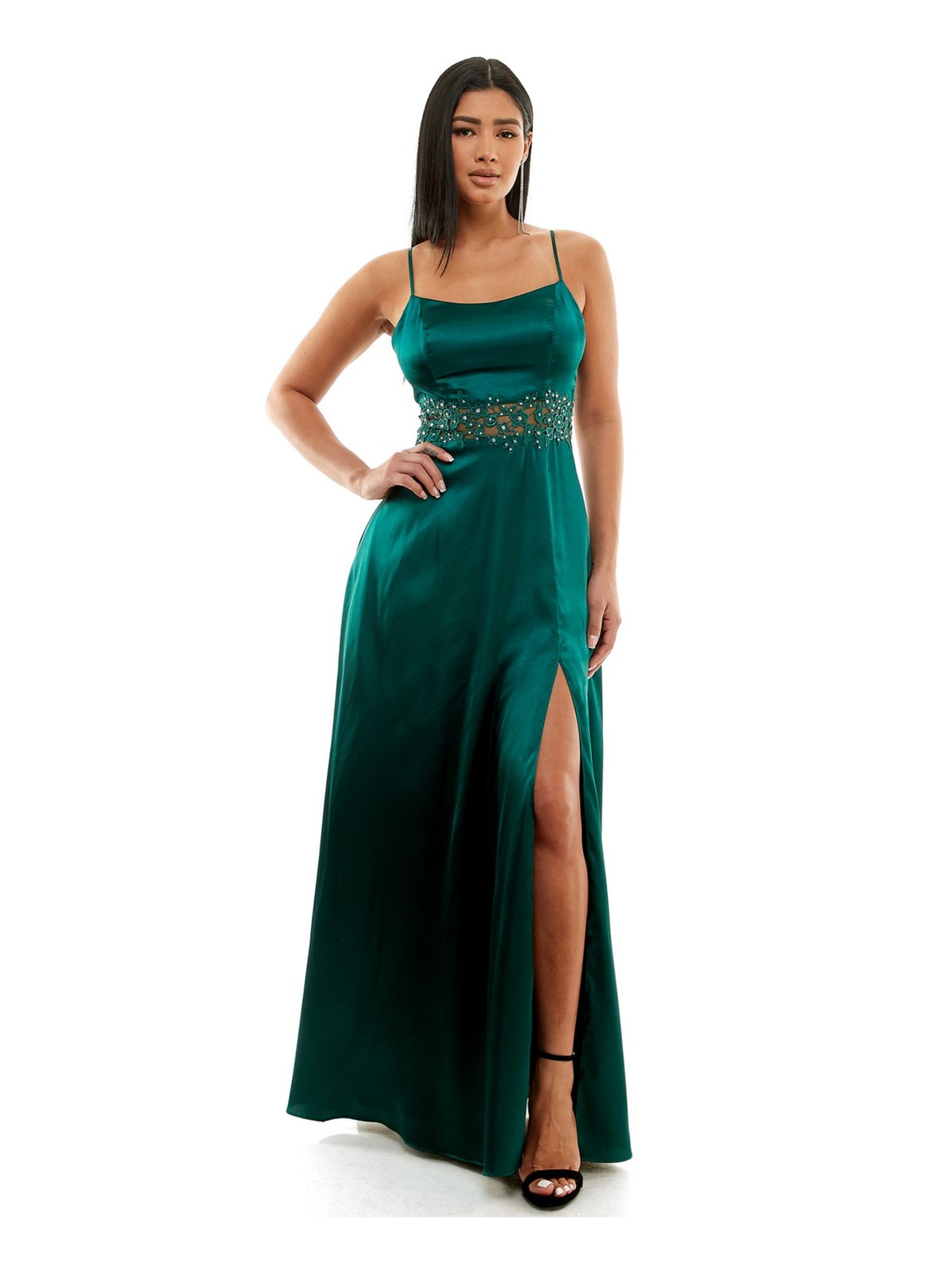 CITY STUDIO Womens Dress Green Mesh Inset Waist High-slit Lined Juniors 56