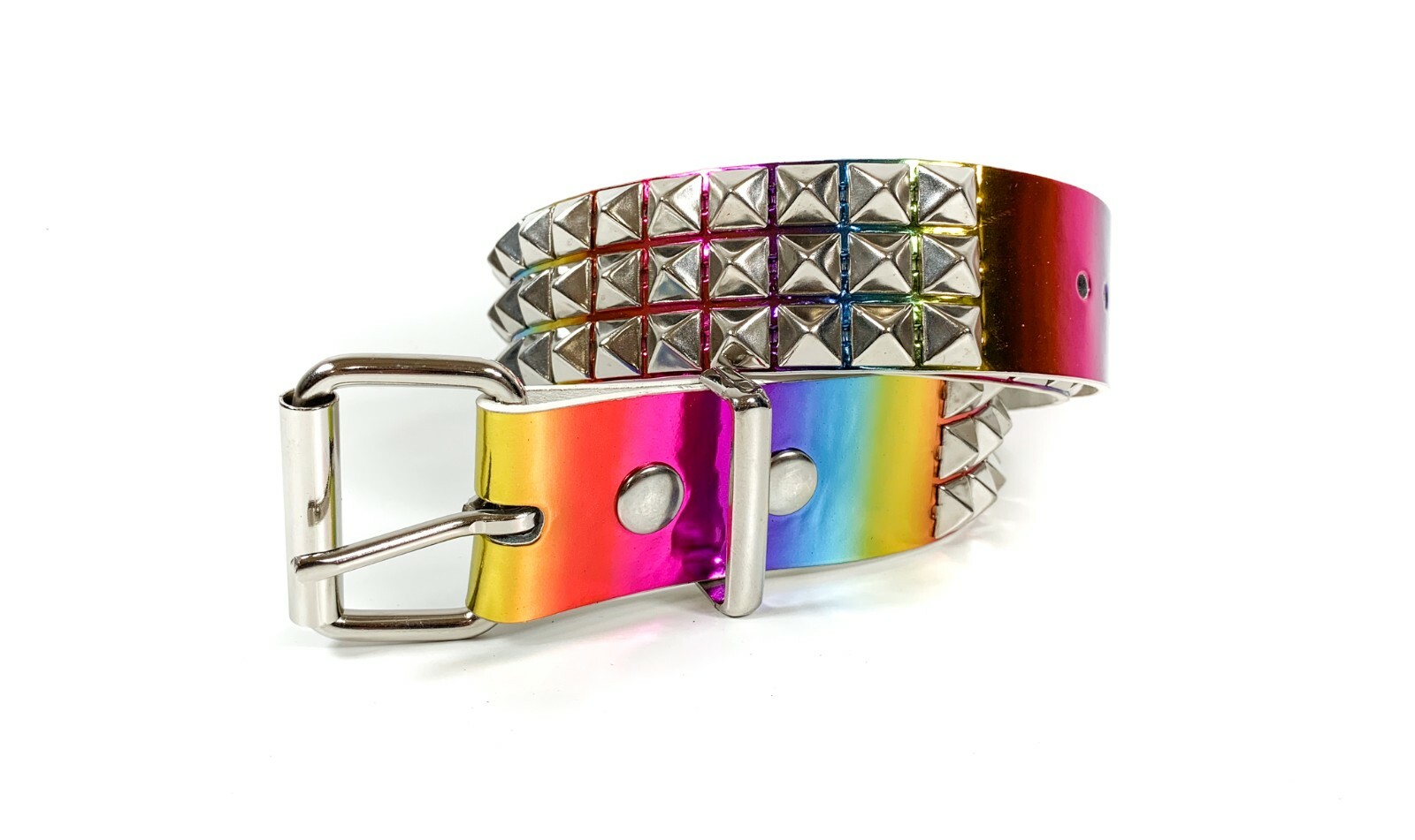 Rainbow Three Row Pyramid Stud Belt Genuine Punk Goth Metal Funk Plus