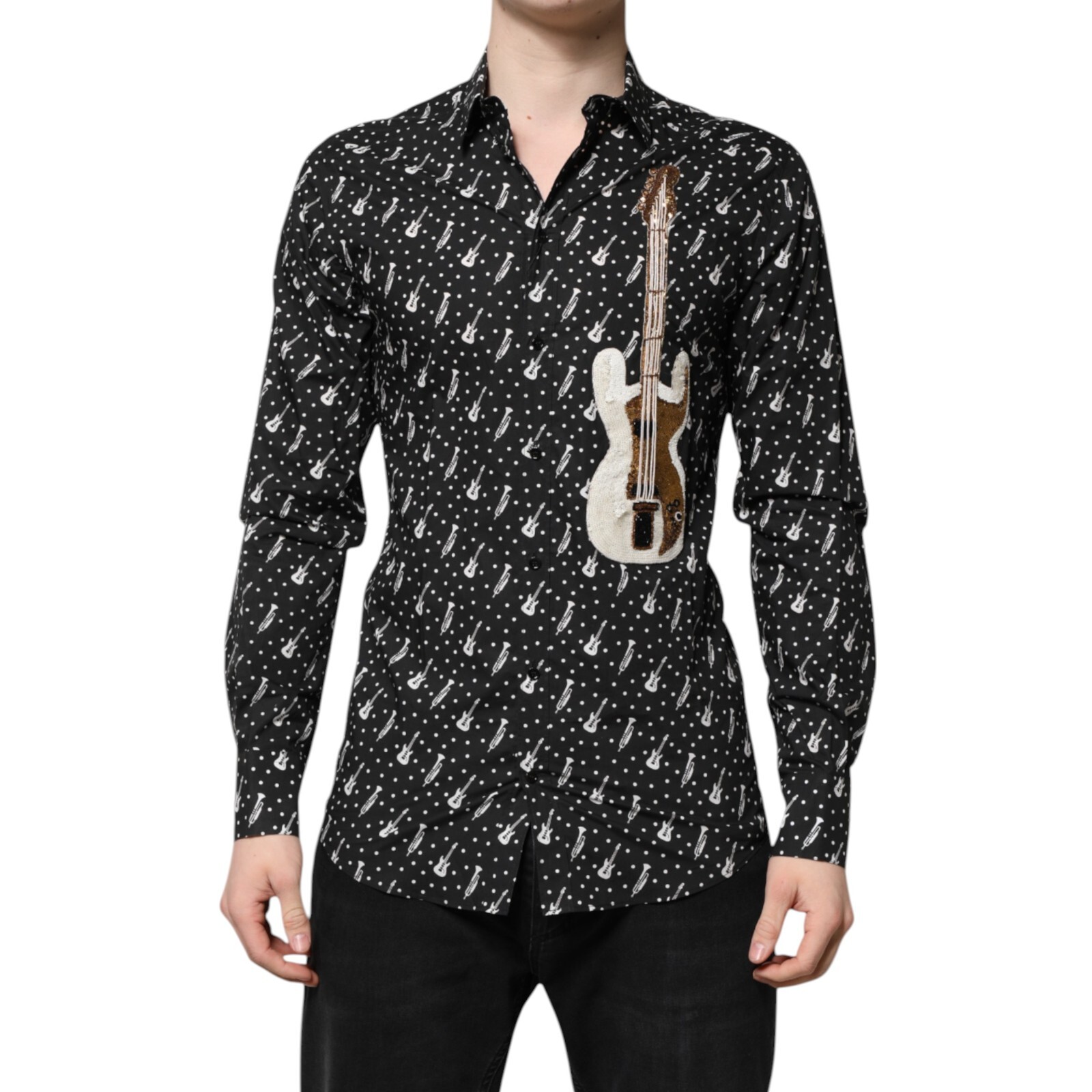 DOLCE & GABBANA Shirt Black GOLD Instrument Embellished Men 40/US15.75/M 1250usd