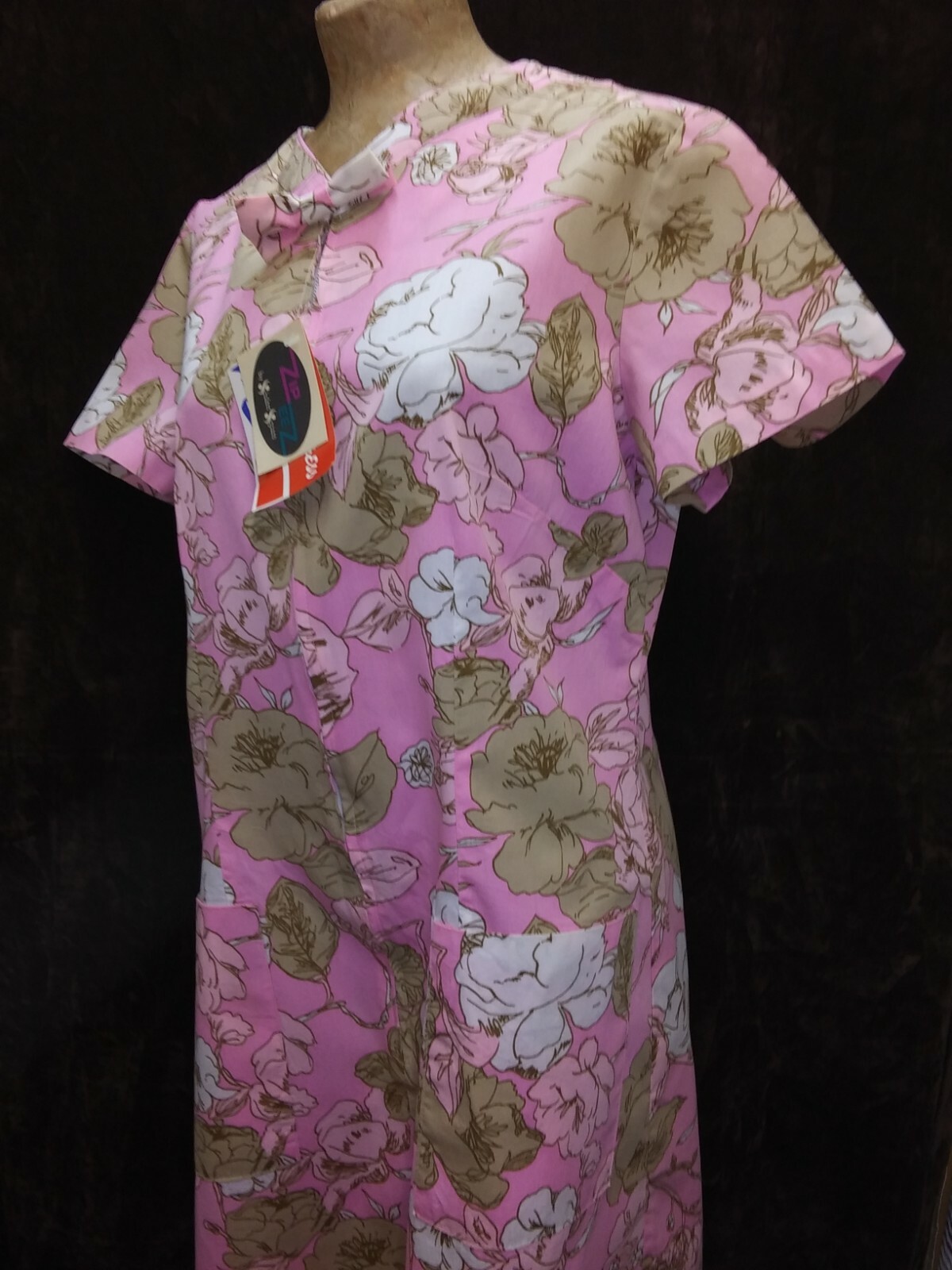 1960’s Pink Tan White Zip Front Cotton Rayon House Dress Shaker Square NWT ML