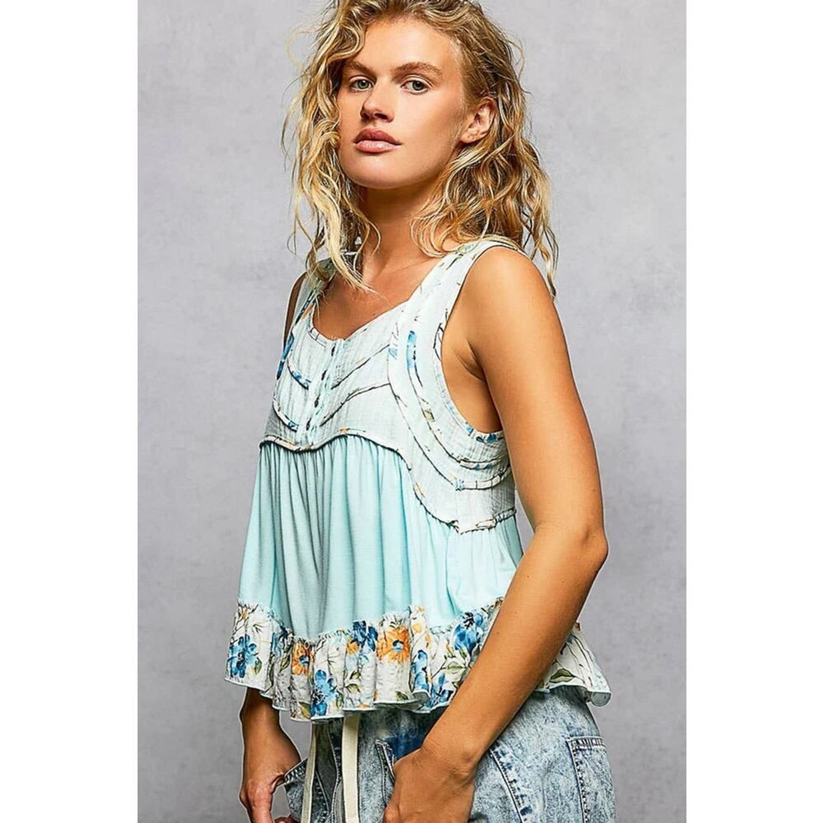 POL Square Neck Jersey Floral Trim Boho Tank Top – Pale Sky