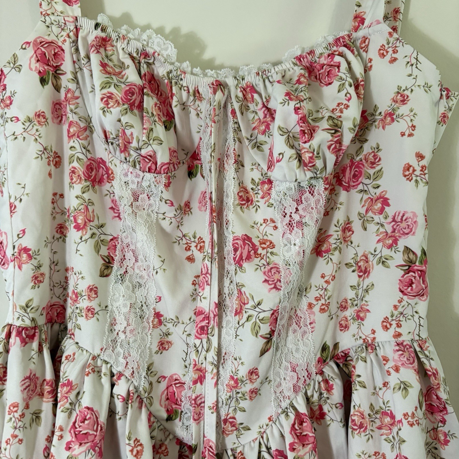 Women’s M White Pink Green Floral Fit & Flare Square Neck Lace Trim Dress