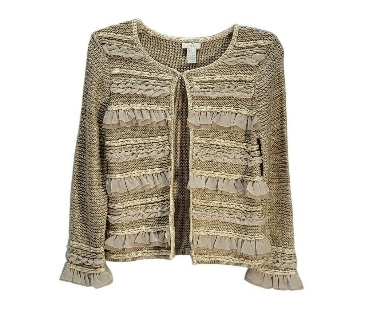 Chicos Womens Loose Weave Sweater Cardigan Crochet Ruffle Braid Size XS 00