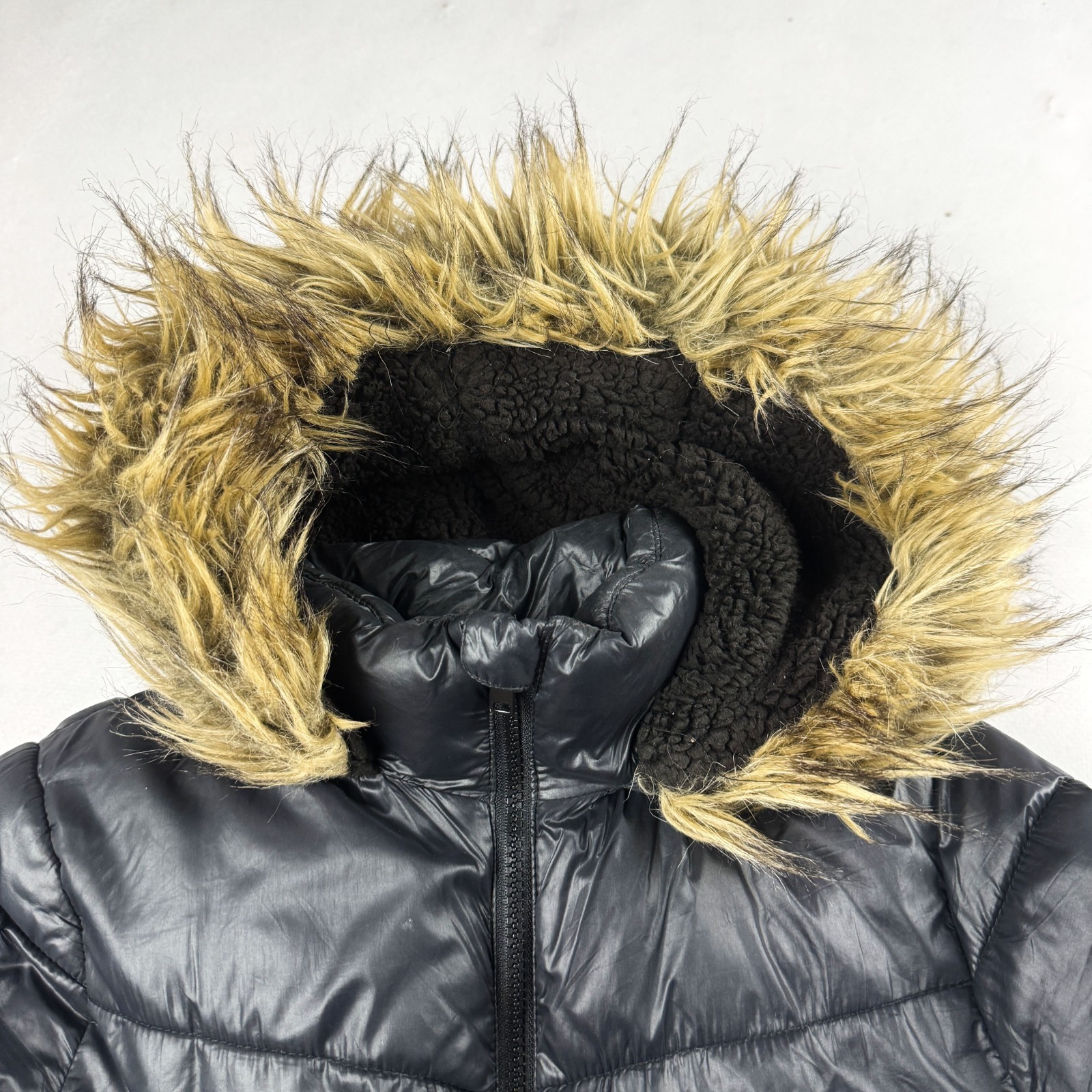 Mens Vintage Blue Puffer Jacket Faux Fur Hood Winter Bubble Coat Y2K Streetwear