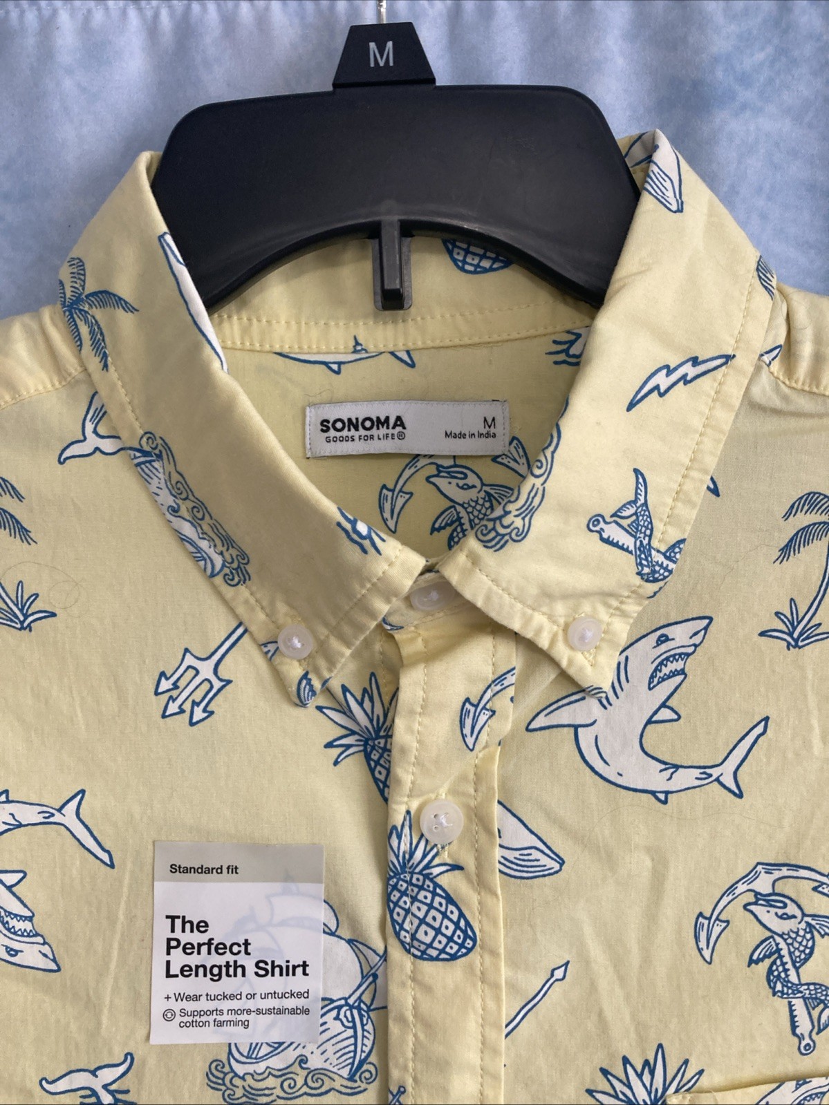 NWT Sonoma Goods For Life Men Medium Perfect Length Shirt Yellow Nautical Shark