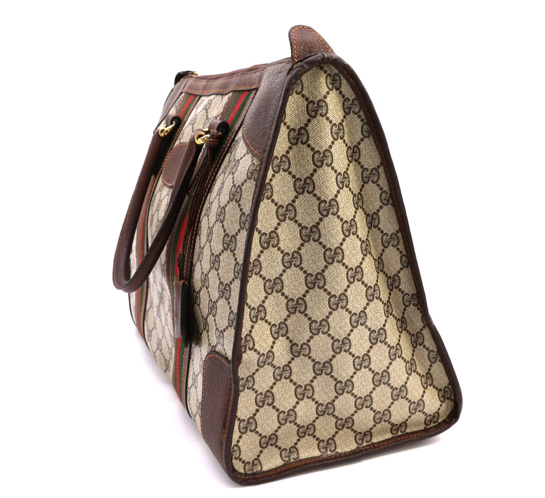 GUCCI VINTAGE Web Stripe Handbag Boston GG Supreme Classic Brown Rare Authentic