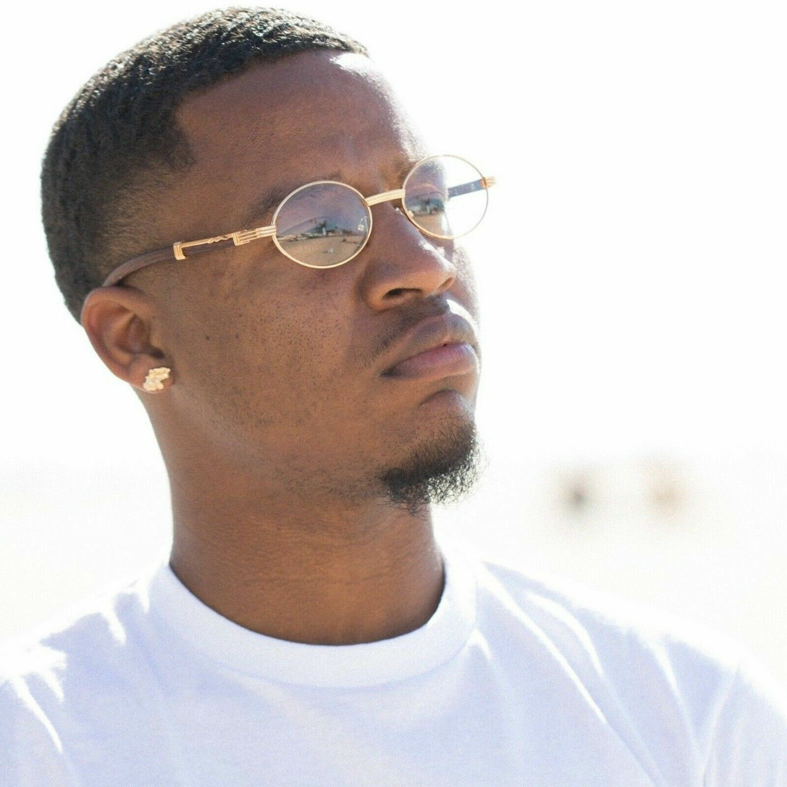Men’s Hip Hop Clear Lens Vintage Oval Gold Frame Retro Wood Grain Glasses