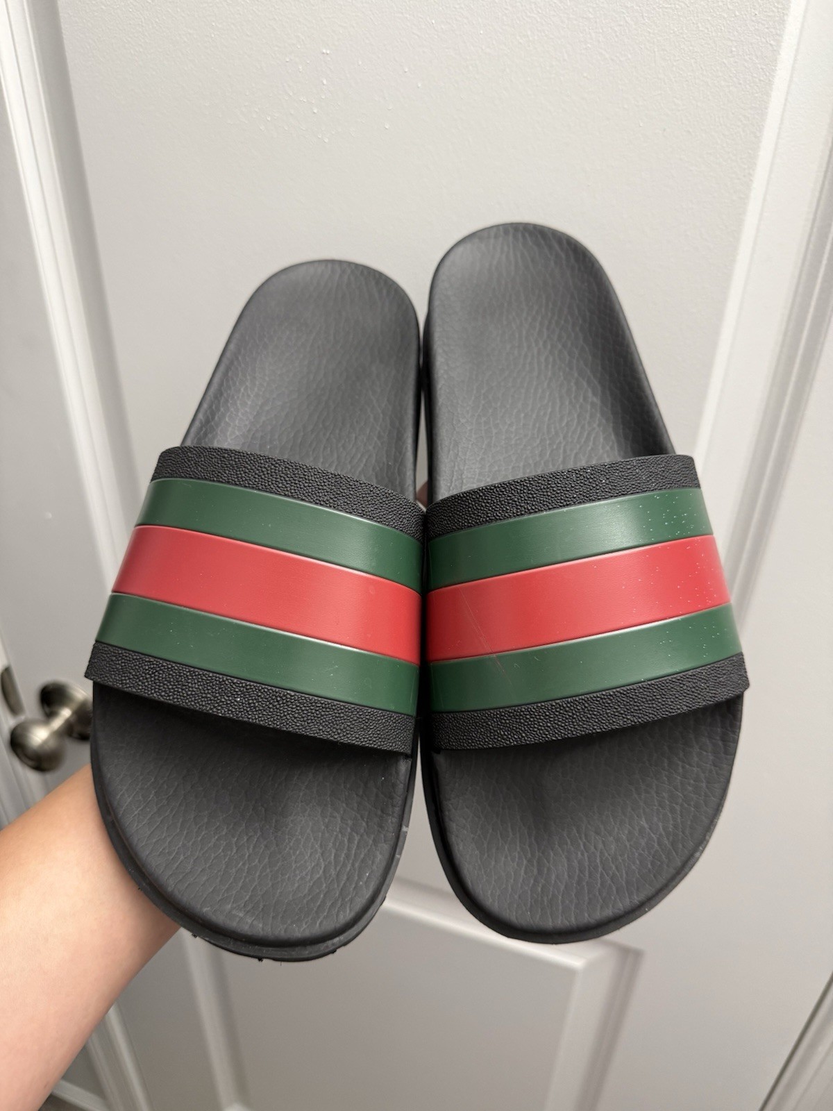 Gucci Pursuit Trek Web Stripe Rubber Slide Sandals Black Green Red Mens 10