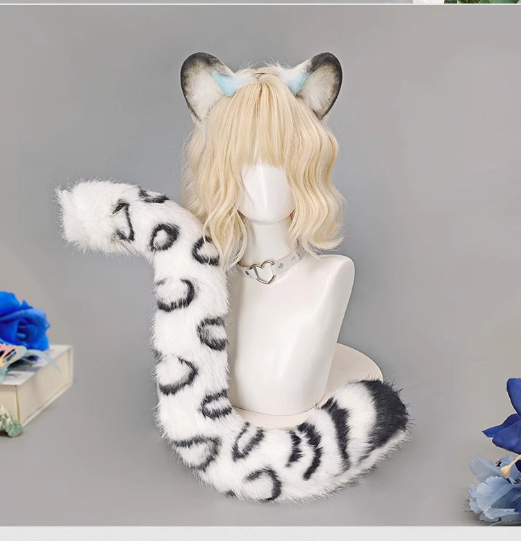 Snow Leopard Ears Headgear Headpiece 80cm Plush Tail Halloween Cosplay Prop Gift