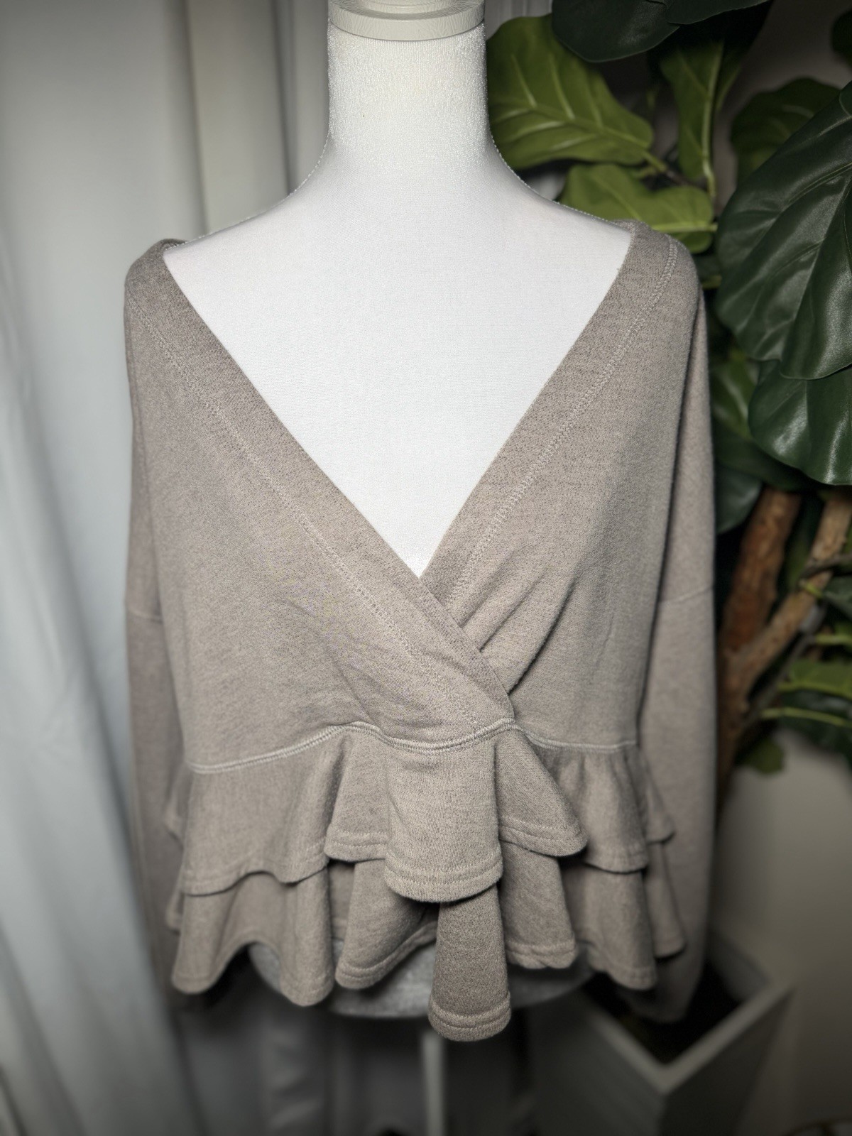 Taupe V Neckline Ruffle Blouse- Oversized Women’s Size: S
