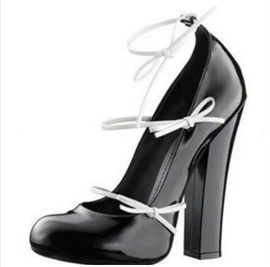 Women’s Bandage 12CM Chunky Heel Shoes Round Bowknot Toe Lace Up Splicing Chic