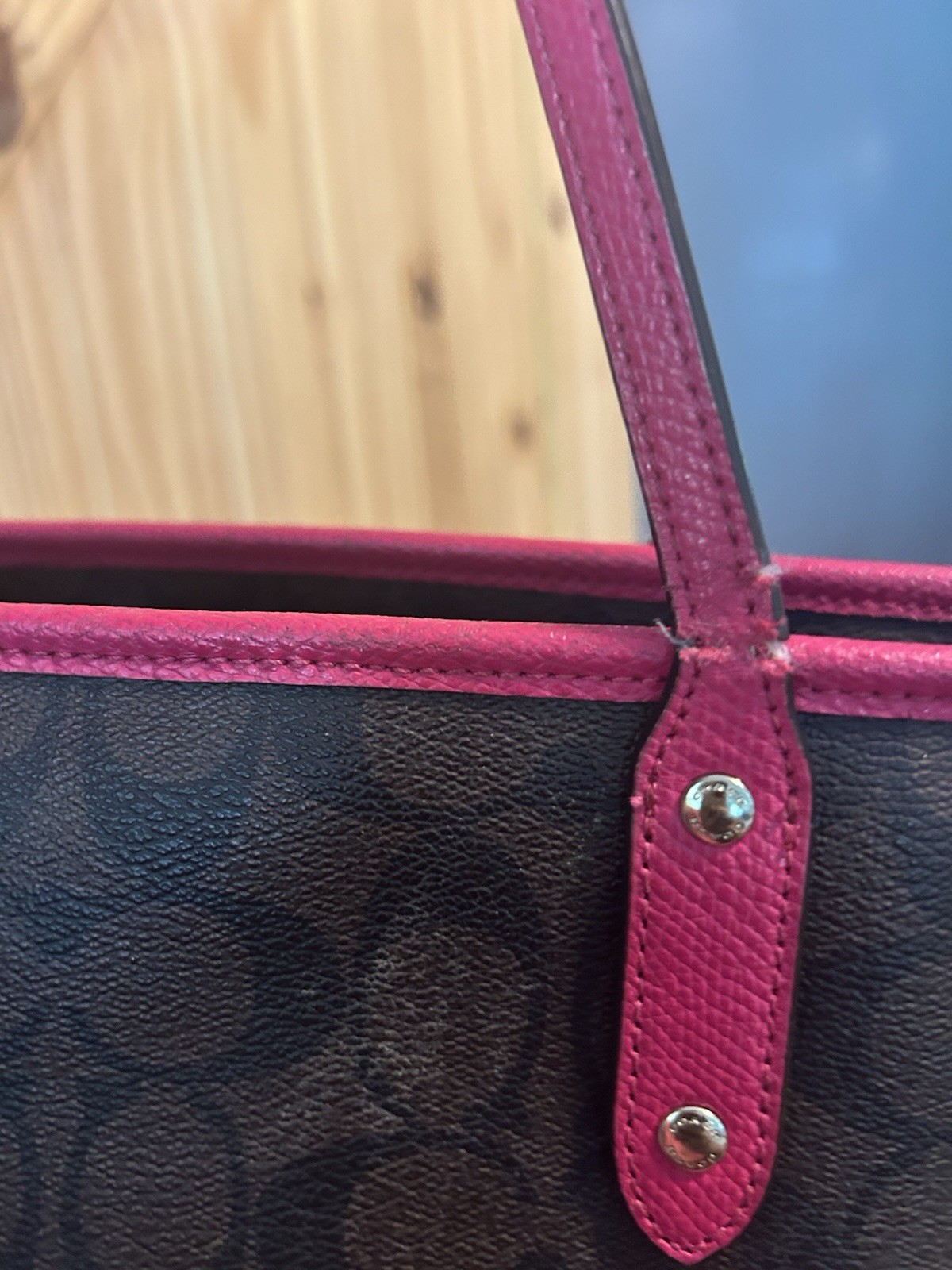 Coach Signature Ruby Tote Bag Brown Pink Zip Closure Silver Hardware Lined