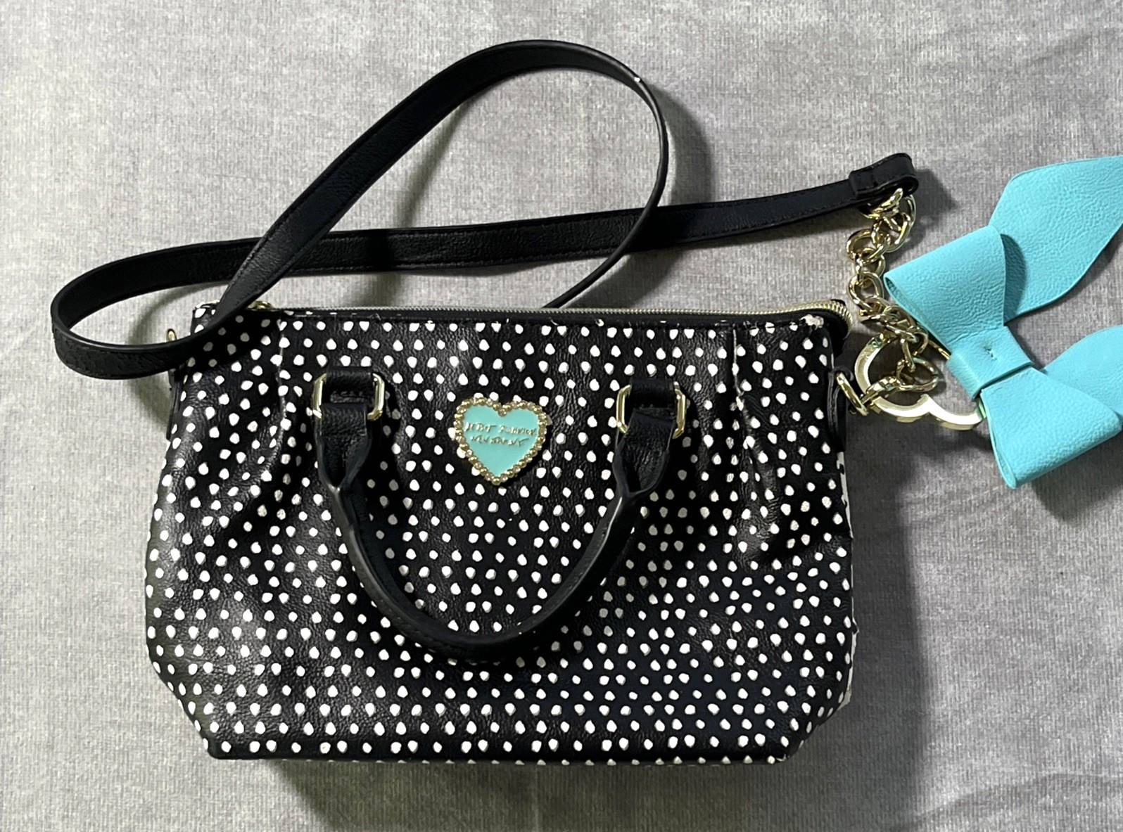 Betsey Johnson Polka Dot Shoulder Bag Purse Black & White Turquoise Bow Charm