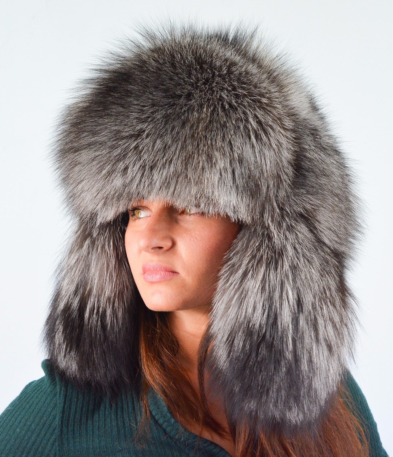 Platinum Saga Furs Black Ice Blue Frost Fox Unisex Ushanka Trapper Hat VERY WARM