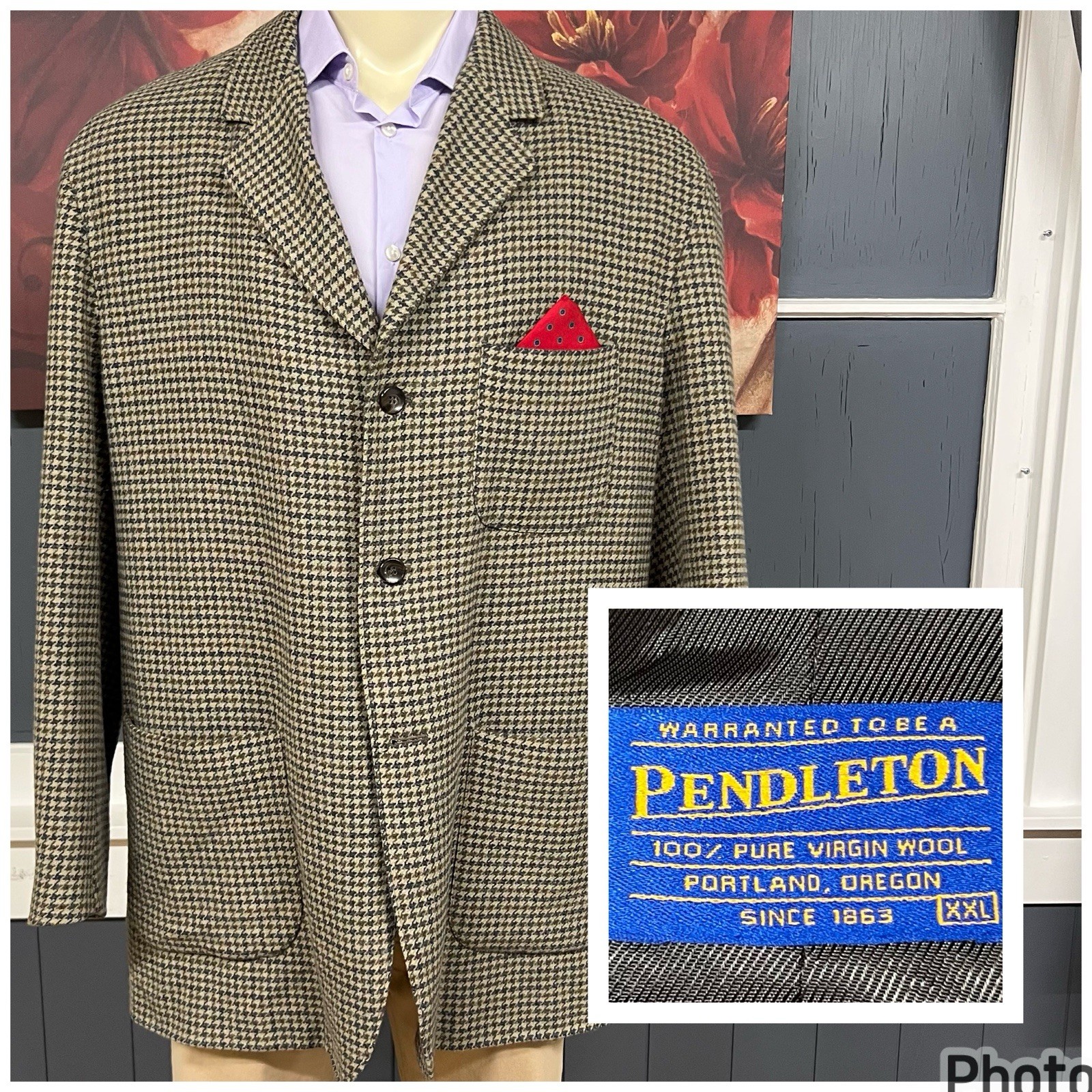 Vintage Pendleton Blazer Jacket Sport Coat Mens XXL (48) Long Olive/Beige/Navy