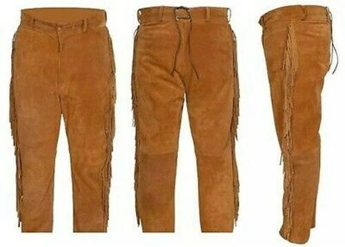 Men Native American Western Leather Pants Full Leg Fringe Suede Leather