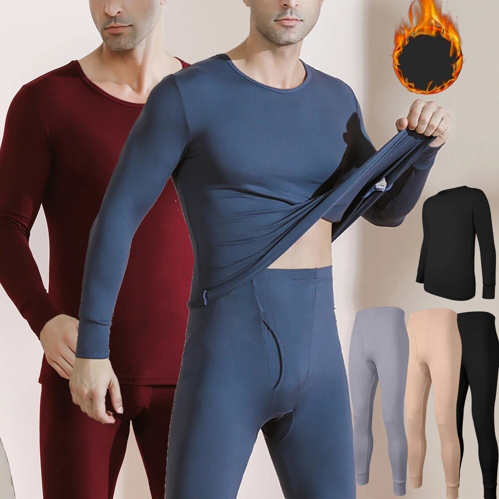 Men’s Seamless Thermal Underwear Thickened Fleece Lined Soft Warm Set Long Johns