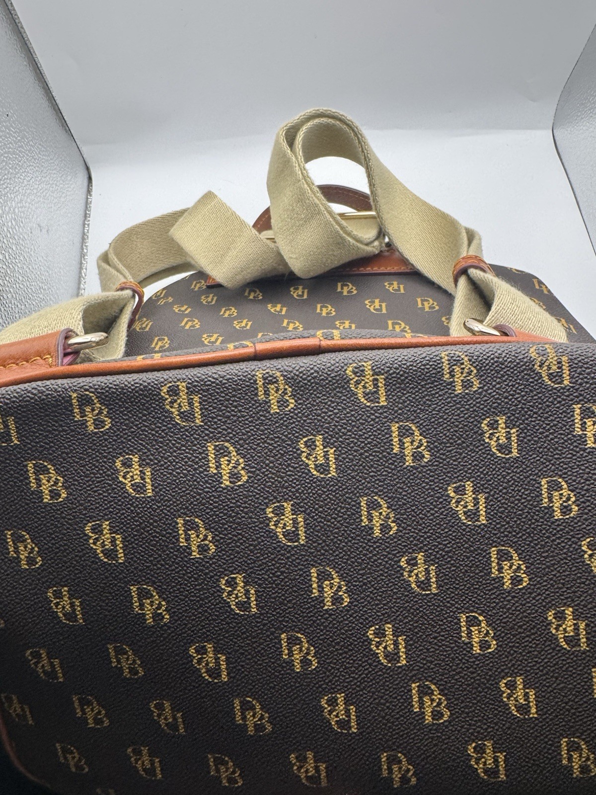 Dooney & Bourke Greta Signature Murphy Backpack Tassel Draw String Monogrammed