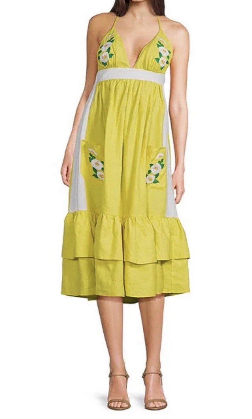Fanm Mon Large Linen Yamile Floral Embroidered Halter Midi Dress Mustard Lime