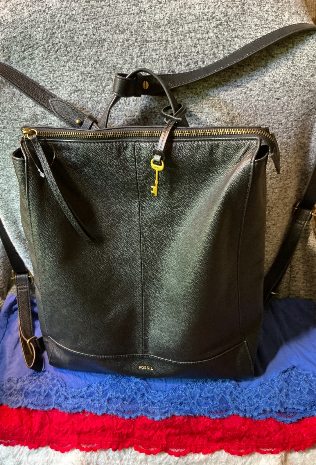 Fossil Elina Black Convertible Crossgrain Leather Zip Shoulder Backpack