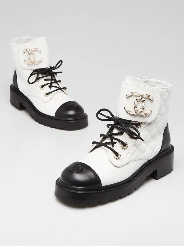 CHANEL Women’s White/Black Quilted Leather Lace-Up Ankle Bootie CC Logo 9