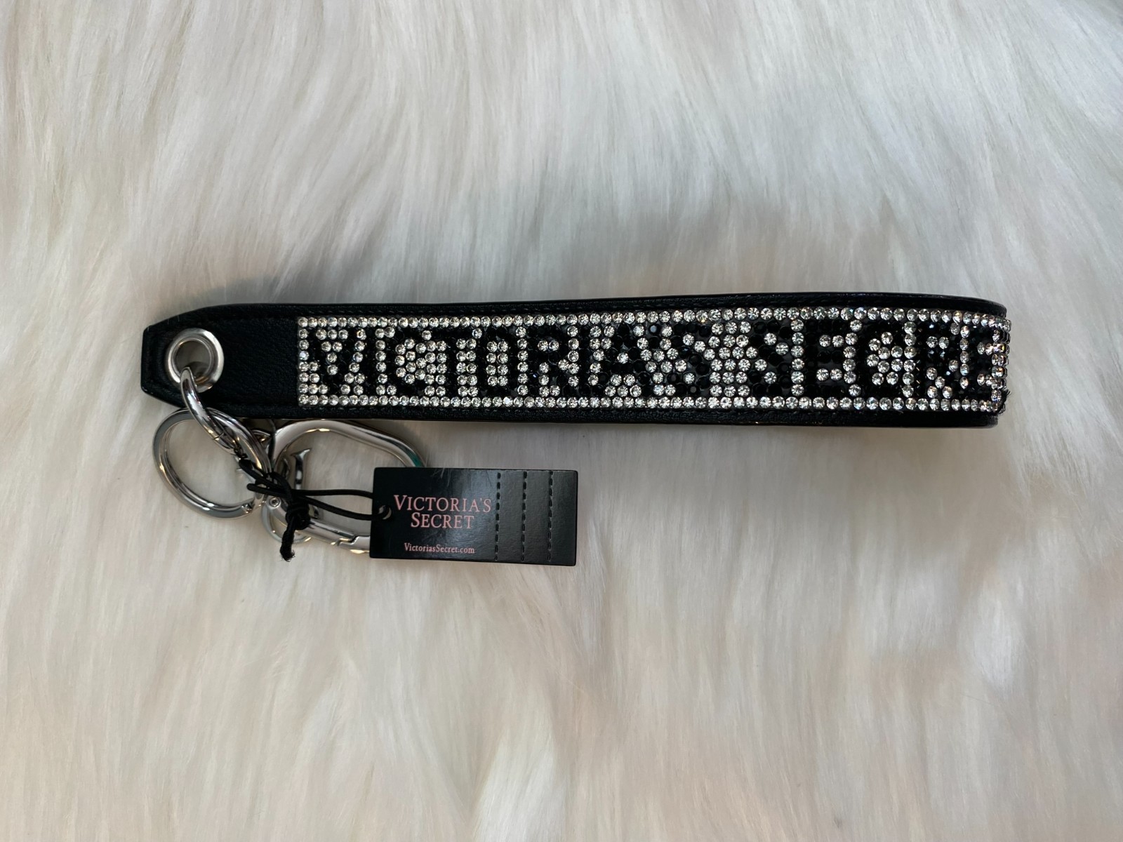 VICTORIA’S SECRET Slim Rhinestone Shine Sparkle Wristlet Keychain in Black Logo