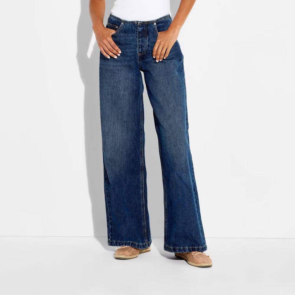 Women Mid-Rise Ultra Wide Leg Jeans – Wild Fable Dark Wash 8