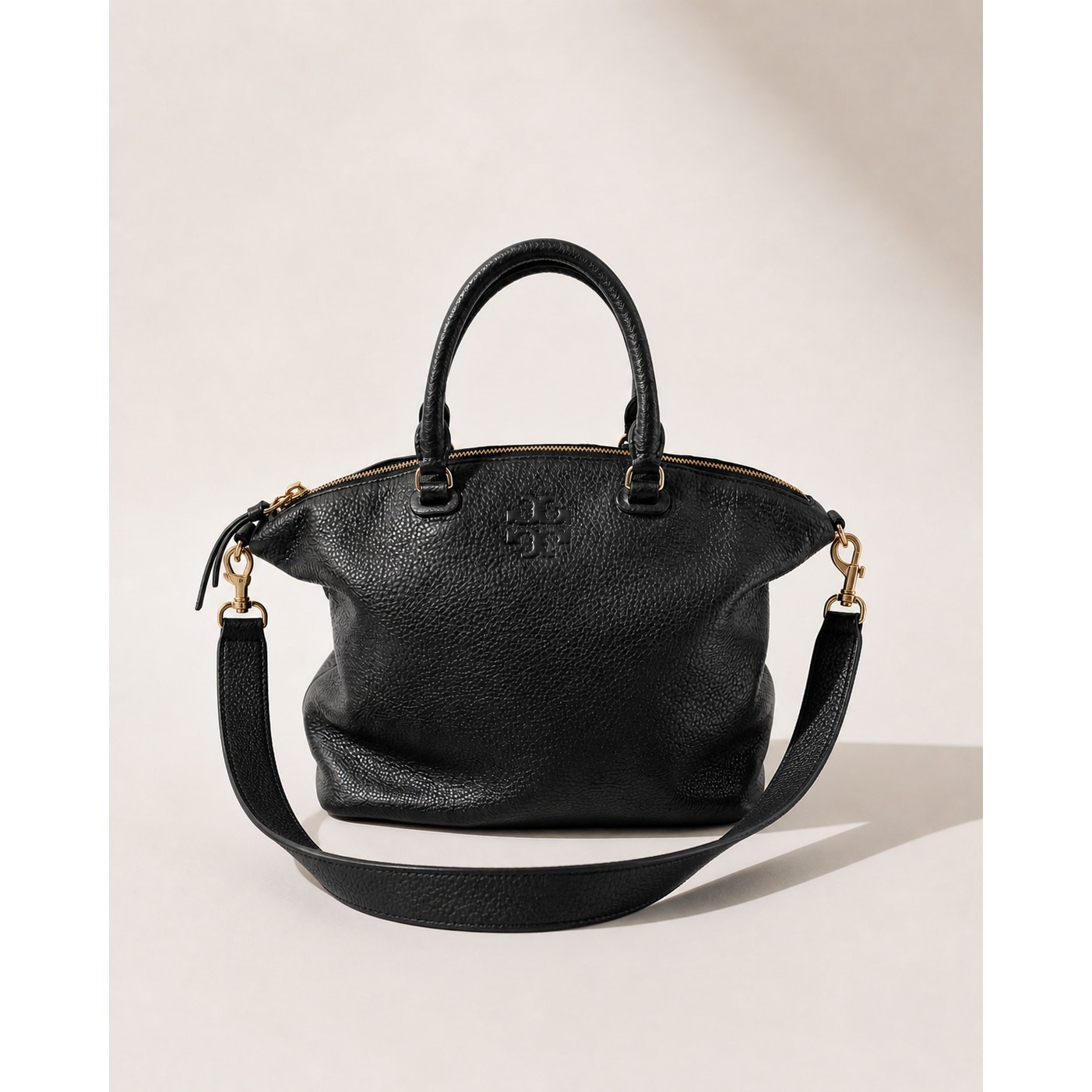 Tory Burch Robinson Satchel Pebbled Leather Black Crossbody Bag