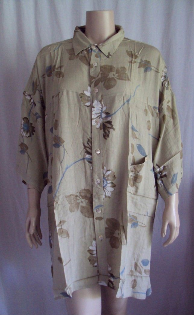 A4 Beige Blue Floral Batik ARTSY Crinkle Rayon Tunic Top Long Bust 68 2X 3X 4X