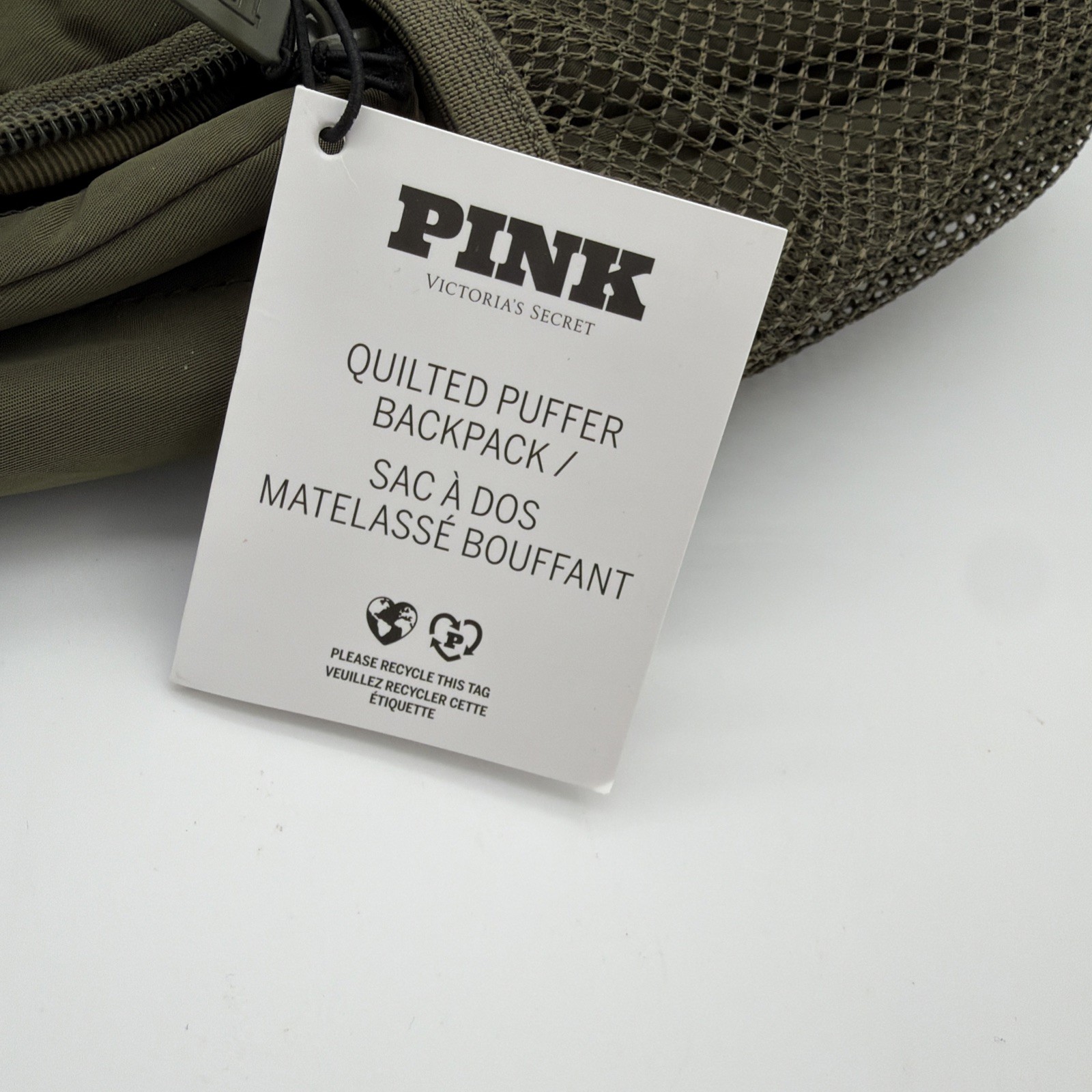 VICTORIA’s SECRET PINK Quilted Puffer Backpack NWT Olive Green $60 MSRP