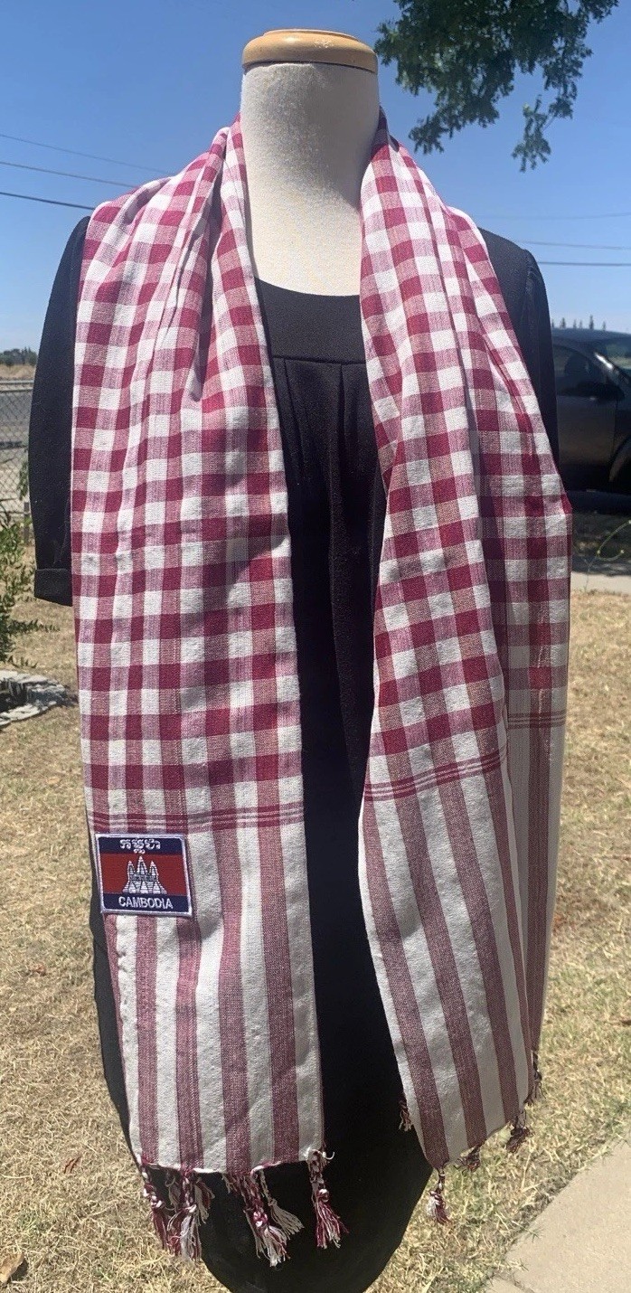 Krama 100% Cotton Handmade Khmer Maroon/White Scarf 64 x 24 Inches