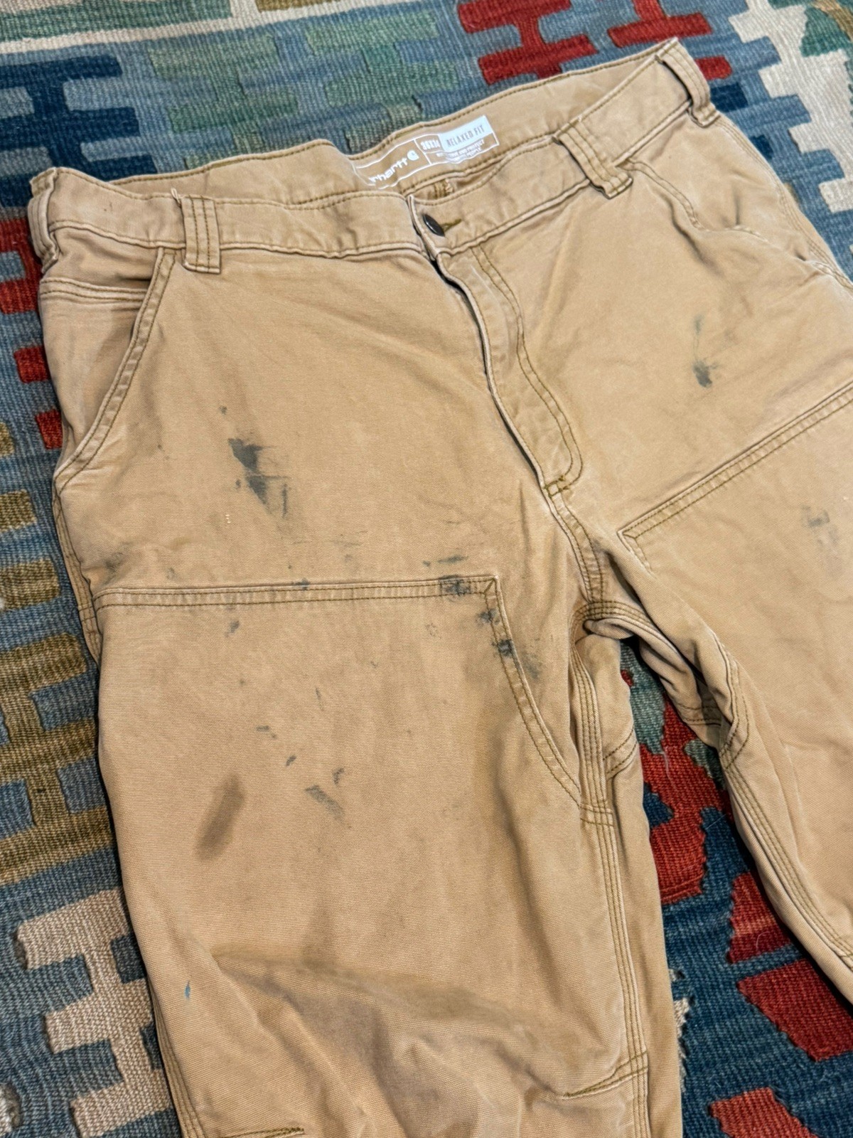 Carhartt Men’s Size 36×34 Relaxed Double Front Utility Work Pant Tan Distressed