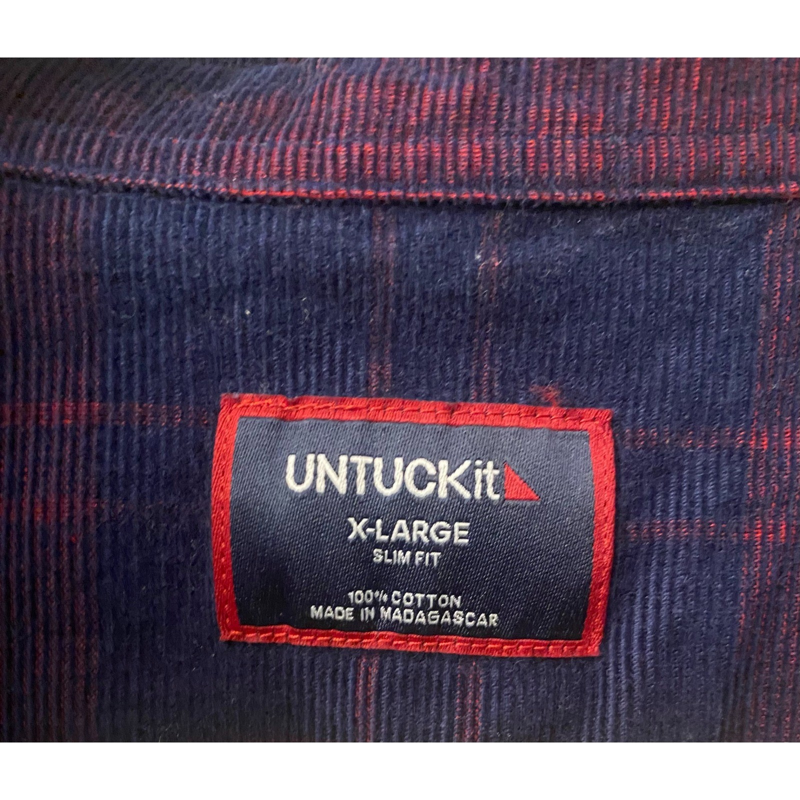 UNTUCKit Winfield Button Down Corduroy Plaid Navy Red Mens XL Slim Fit Shirt