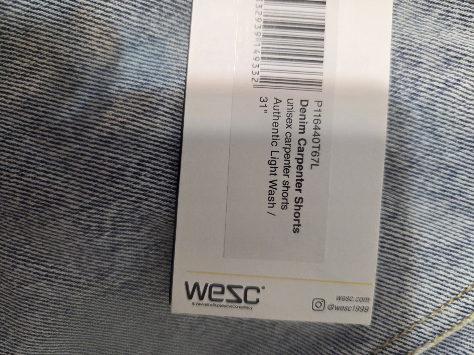 Wesc Light Wash Unisex/Men’s Carpenter Denim Shorts 32×9 NWT
