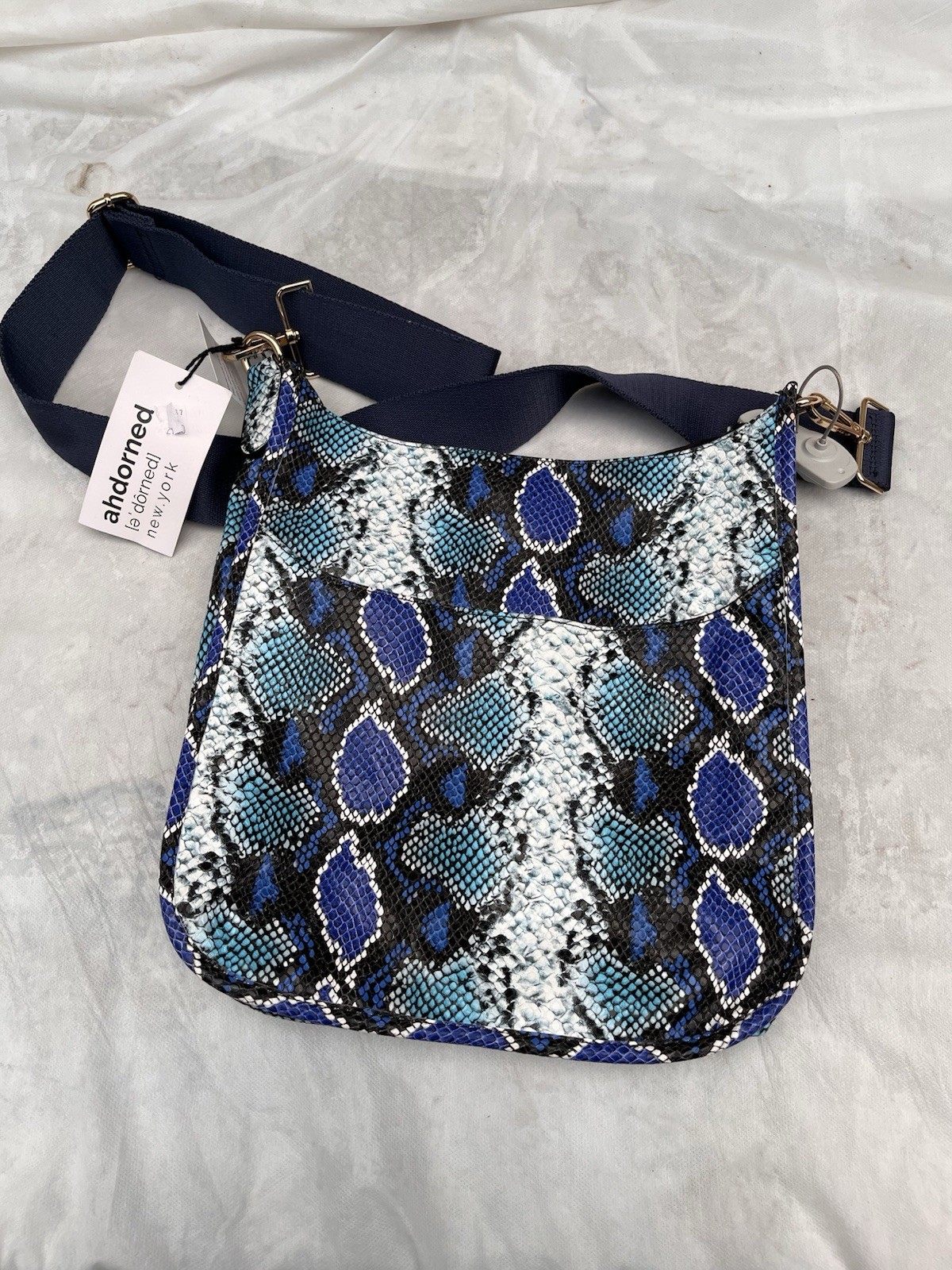 ahdorned Blue Snake Print Shoulder/Crossbody Bag Magnetic Lined Pockets Gold