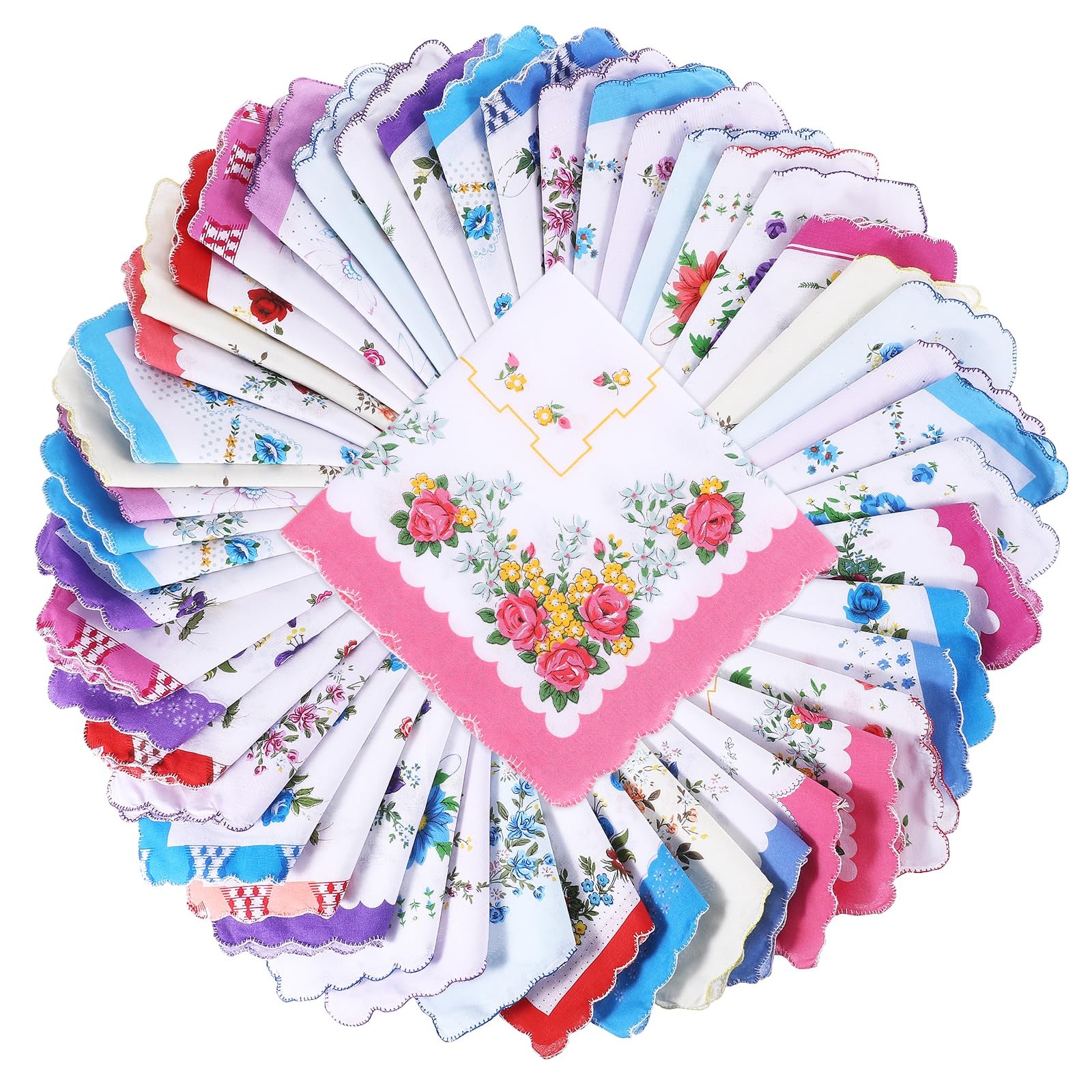 50 Pack Women Cotton Floral Print Handkerchiefs Wavy Edge 11.8 Inch Gift