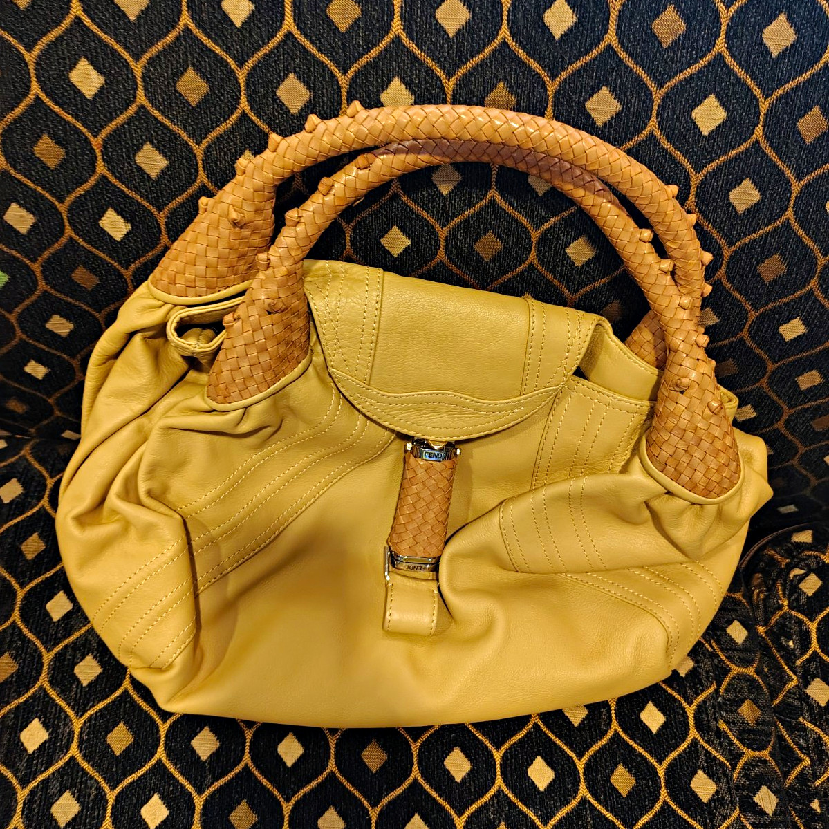 Fendi Spy FF Logo Beige Medium Shoulder Bag Braided Handle Silver Brand Card