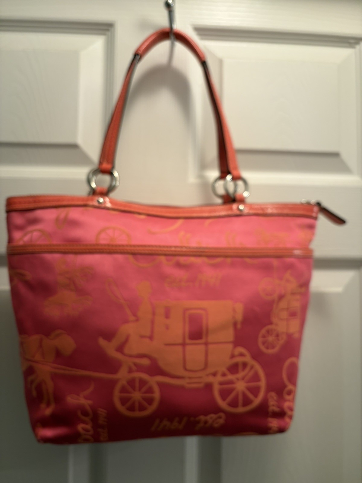 Coach F14482 Horse & Carriage Pleated Tote Pink Orange Satin Leather Purse