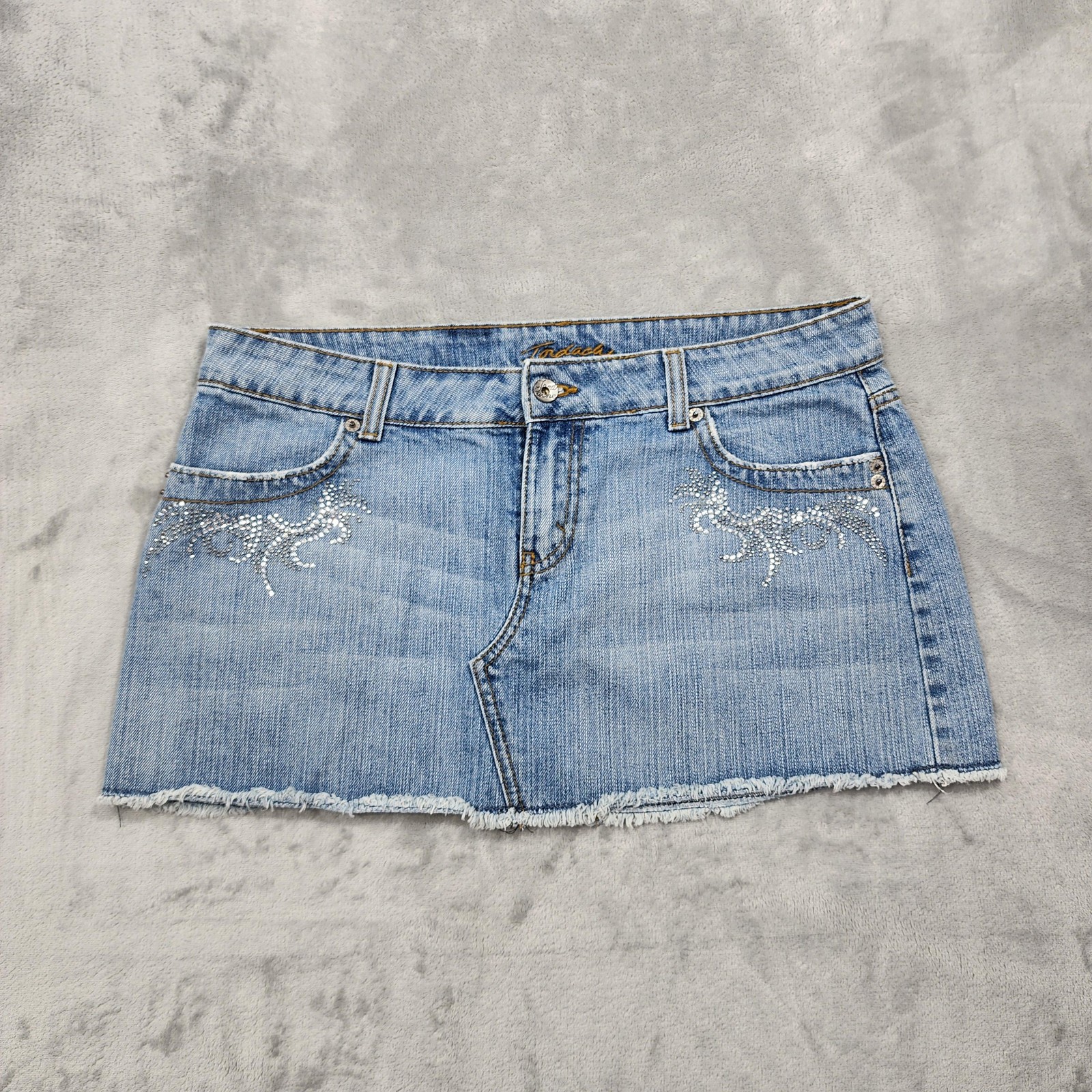 Vintage Jordache Skirt Womens 11/12 Blue Denim Micro Mini Rhinestones Frayed Hem