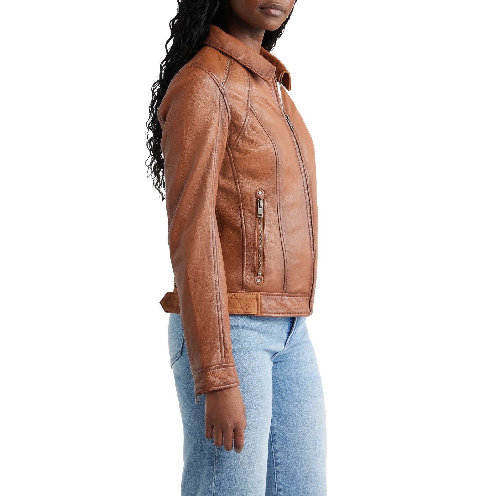 Women’s Real Leather Jacket Classic Tan Brown Studded Collar Zip Up Casual Coat