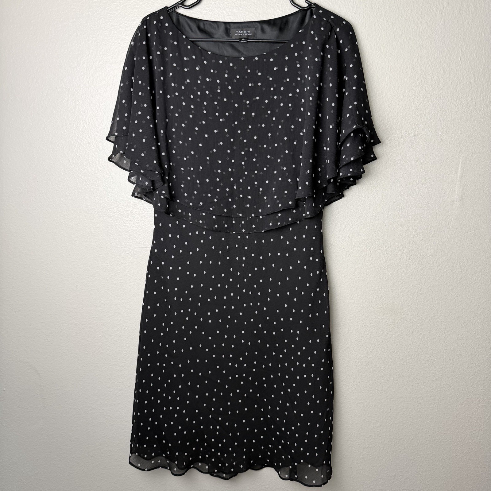 Tahari Arthur S. Levine Black White Polka Dot Chiffon Overlay Dress Women’s 10