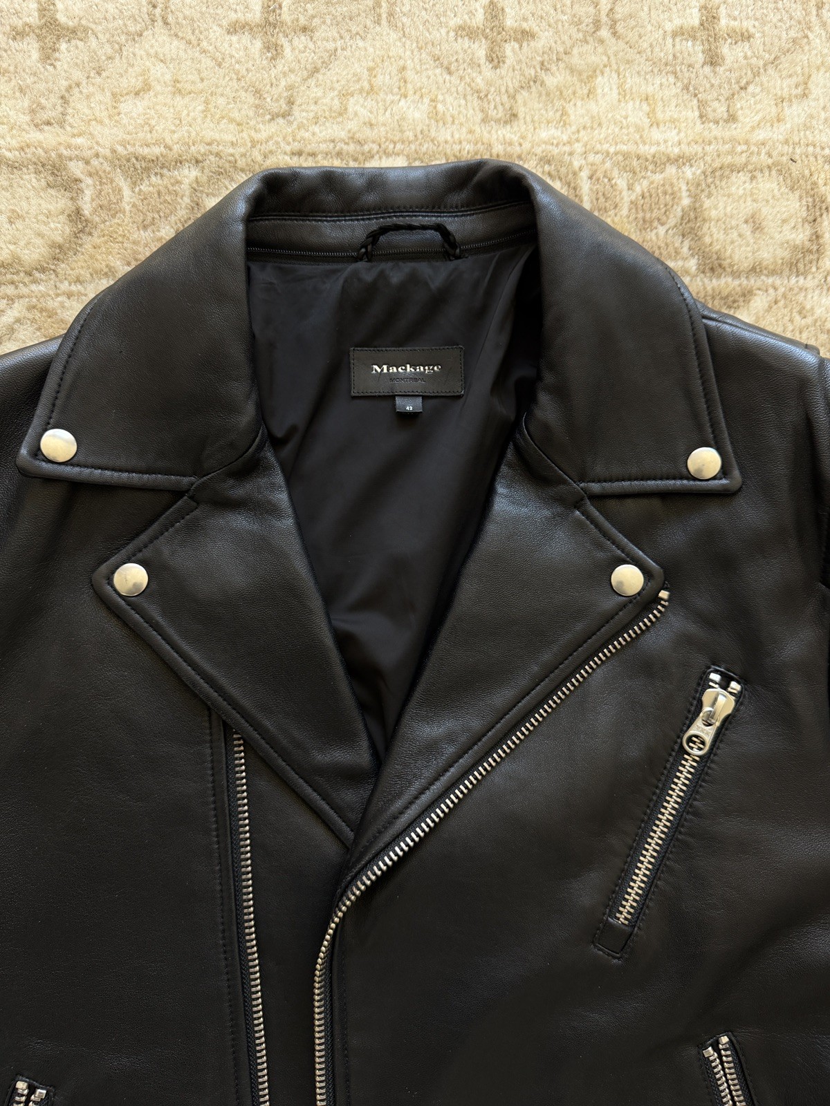 Mackage Black Lambskin Moto Leather Jacket Asymmetrical Zip Size 42 Mens