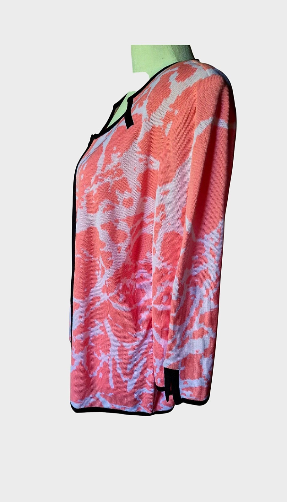 Ming Wang Open Front Cardigan Jacket Coral Salmon White Abstract Knit Size M
