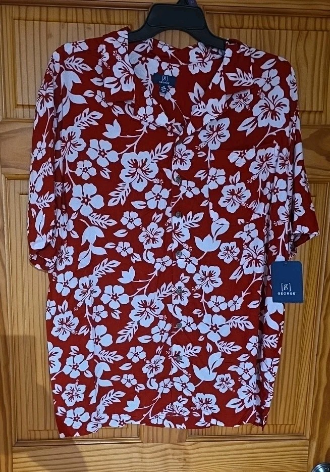 NEW Mens 2XL Hawaiian Party Vacation Shirt By George Red & White Floral Island