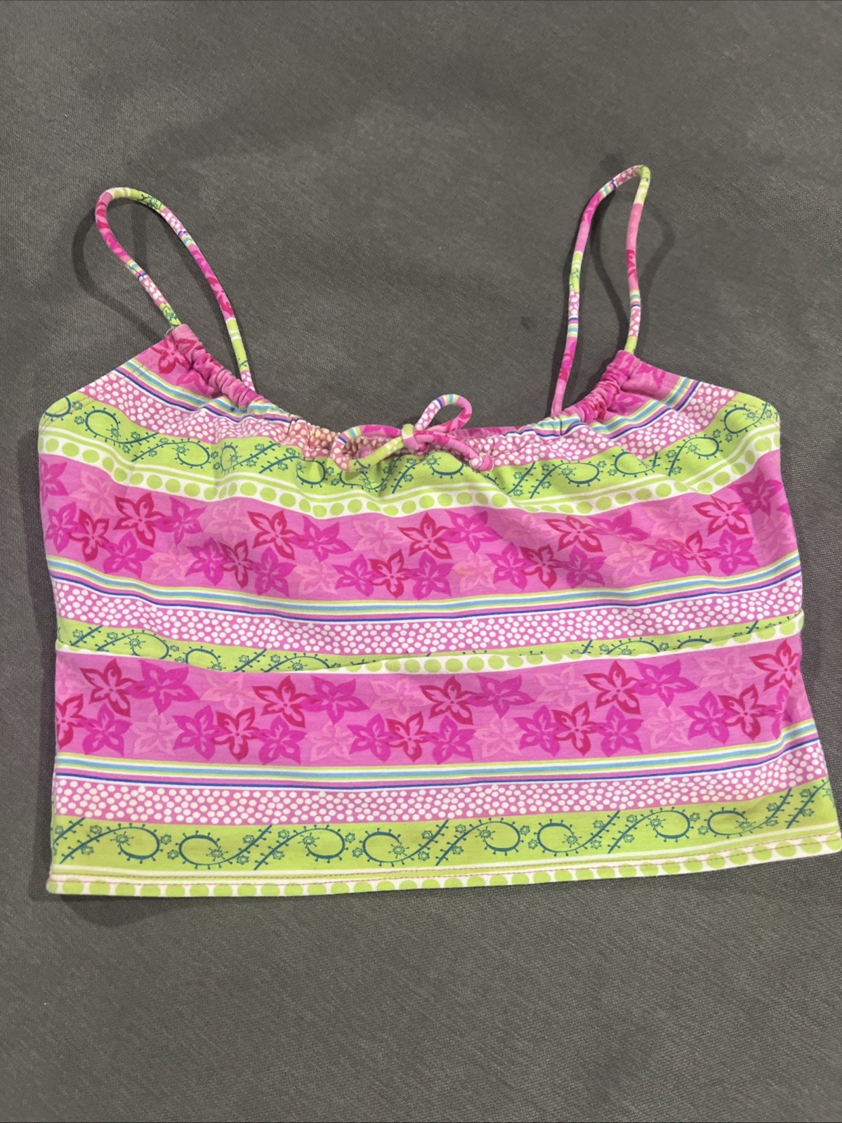 Vintage Sand N Sun Floral Tropical Pink Green Blue Bikini Top Tankini Crop L Y2K