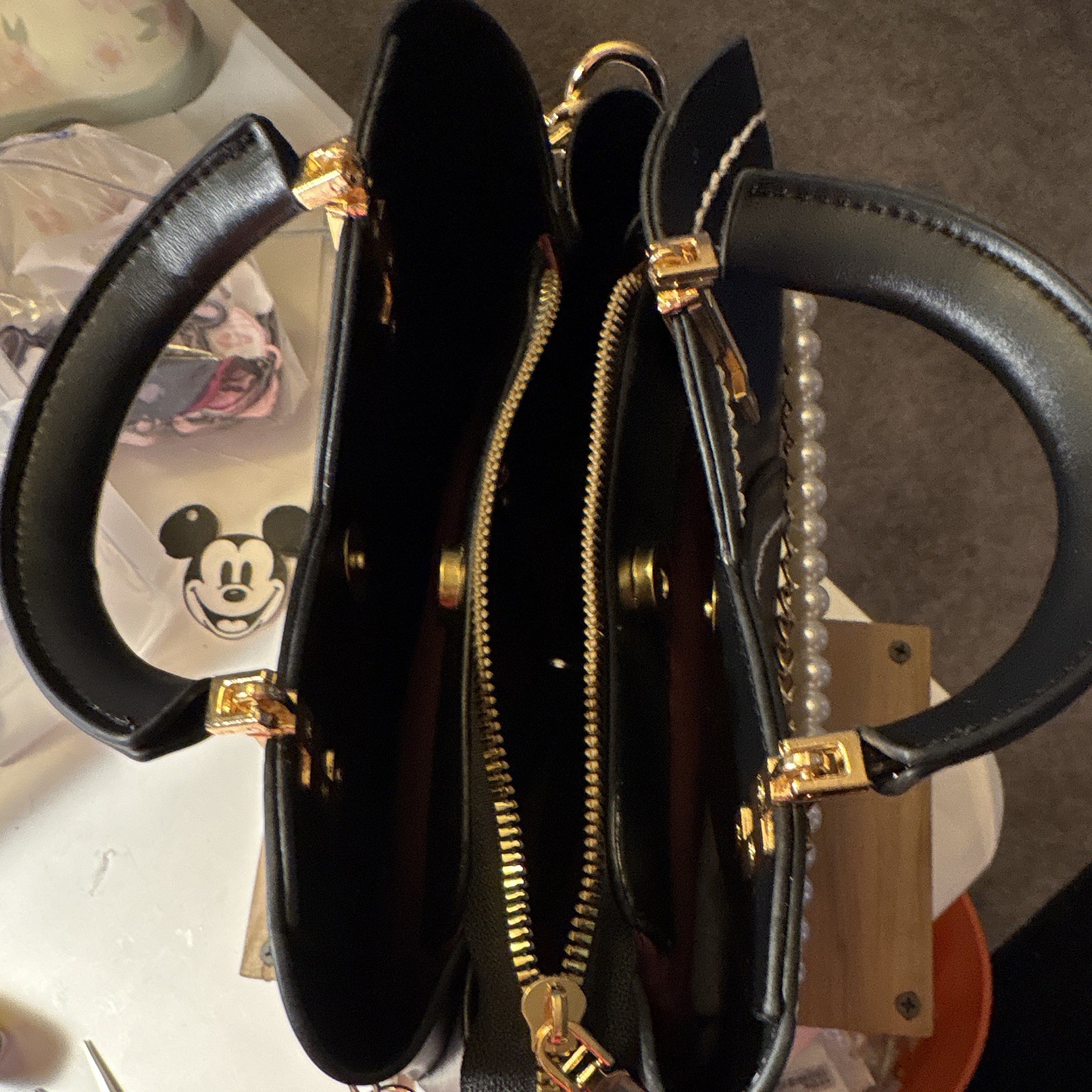 Black Women’s Satchel Top Handle Zip Inner Pockets Gold Pearl Chain Charm Strap