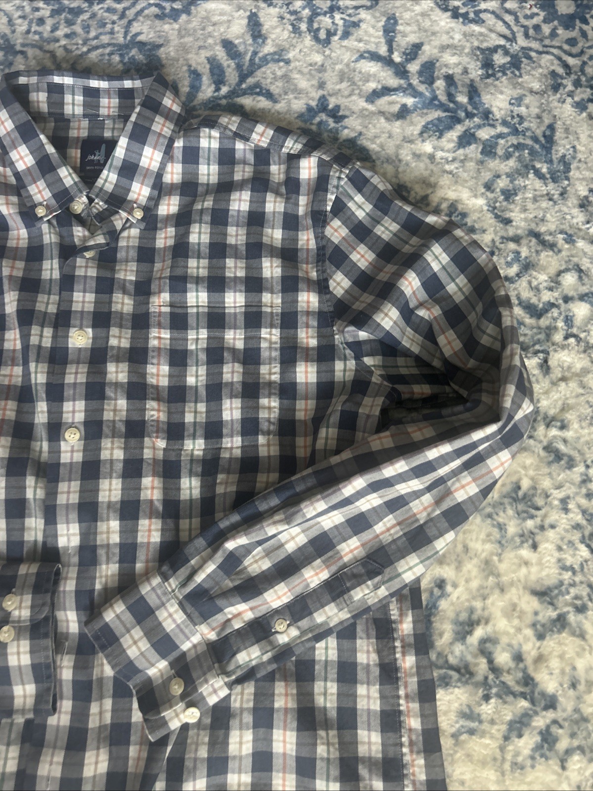 Johnnie-O Mens Large Brown Gingham Check Button Down Cotton Shirt Long Sleeve
