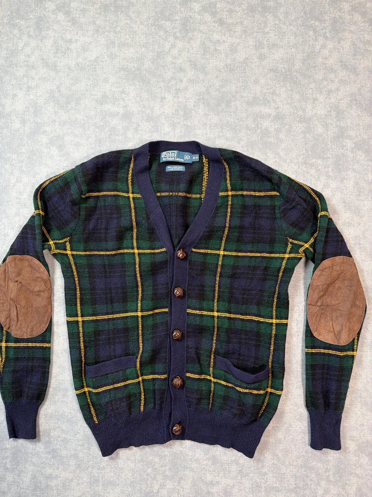 Polo By Ralph Lauren Cardigan Sweater Mens Small Green Plaid Wool Elbow Patch