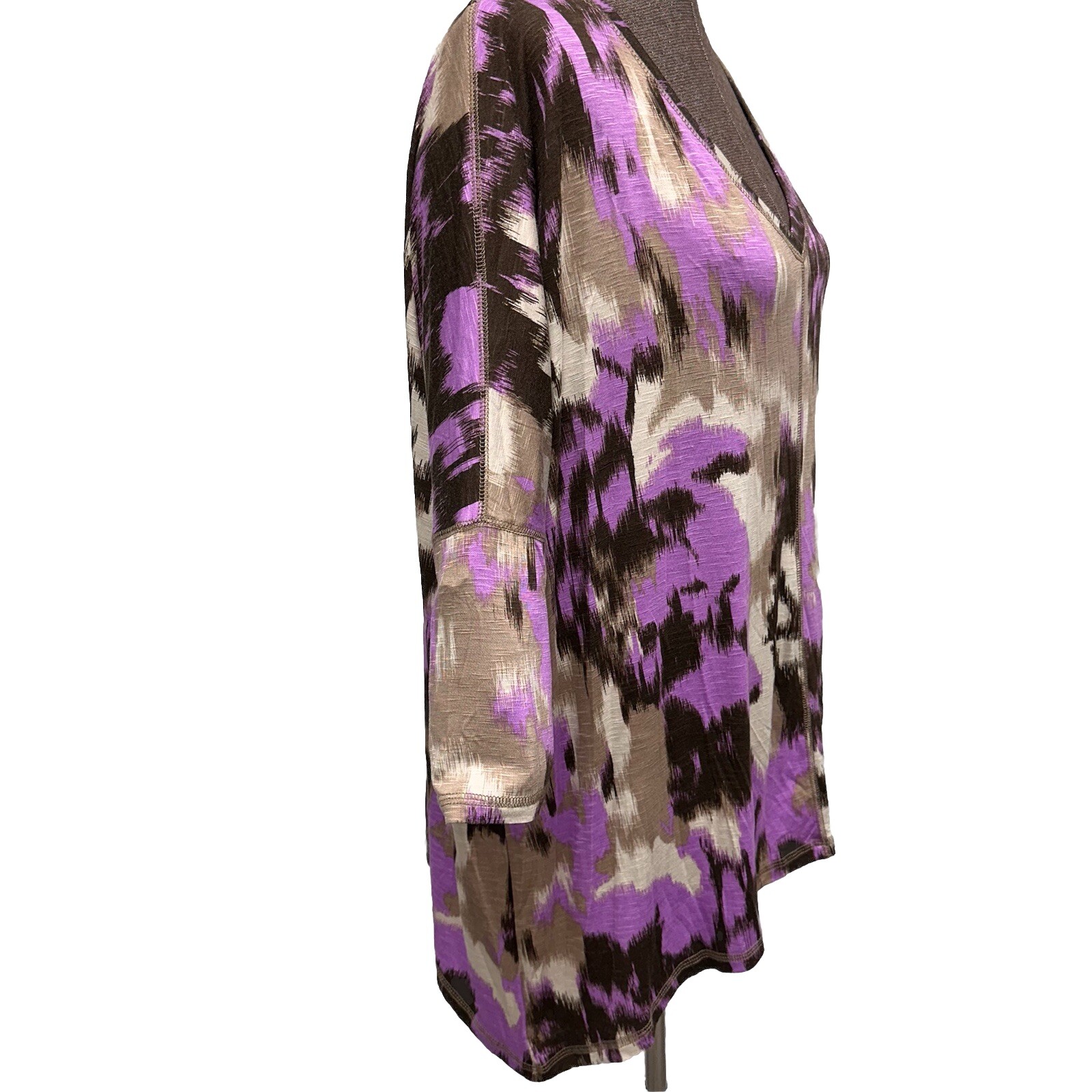 LOGO Lori Goldstein M V Neck Tunic Purple Brown Watercolor Abstract Oversized