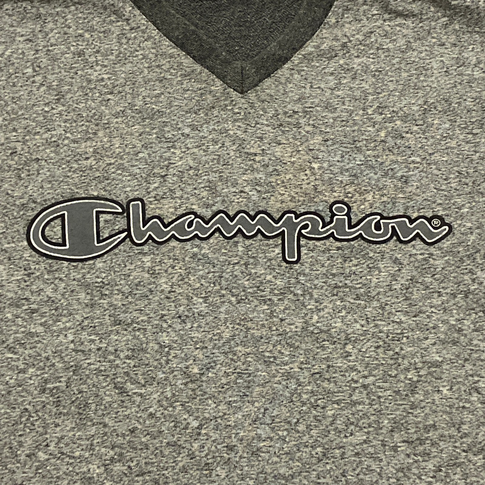 Vintage Champion T Shirt Small Grey Script Logo Embroidered V Neck 90s 00s USA